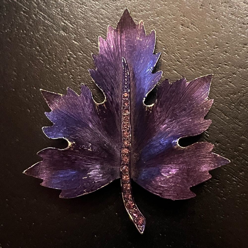 Enamel Purple Leaf Brooch with Rhinestone Detail